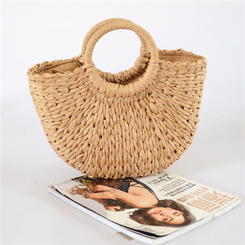 Barabum New Handmade Semicircle Women Handbag Summer Woven Beach Bag Female Bohemia Straw Bag Fashion Knitted Round Handle Vacation Tote
