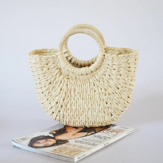 Barabum New Handmade Semicircle Women Handbag Summer Woven Beach Bag Female Bohemia Straw Bag Fashion Knitted Round Handle Vacation Tote