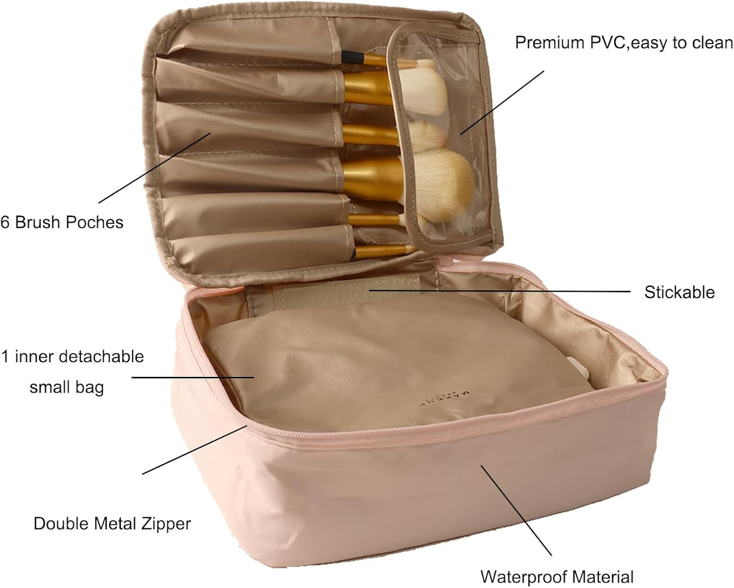 Barabum Travel Makeup Bag Cosmetic Bag Makeup Case Storage Organiser for Women & Girls,Toiletry Bag with Brushes Holder & Detachable Pouch (Blue)