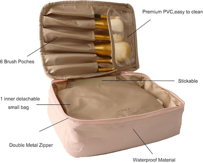 Barabum Travel Makeup Bag Cosmetic Bag Makeup Case Storage Organiser for Women & Girls,Toiletry Bag with Brushes Holder & Detachable Pouch (Blue)