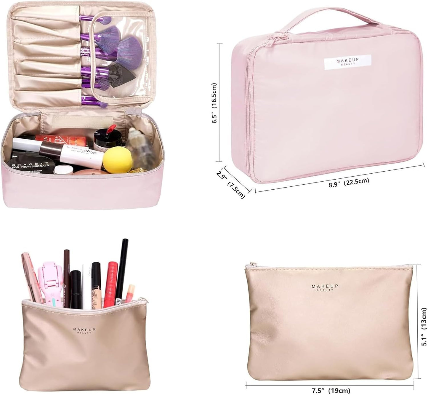 Barabum Travel Makeup Bag Cosmetic Bag Makeup Case Storage Organiser for Women & Girls,Toiletry Bag with Brushes Holder & Detachable Pouch (Blue)