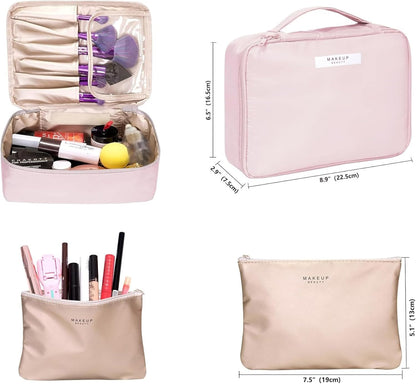 Barabum Travel Makeup Bag Cosmetic Bag Makeup Case Storage Organiser for Women & Girls,Toiletry Bag with Brushes Holder & Detachable Pouch (Blue)