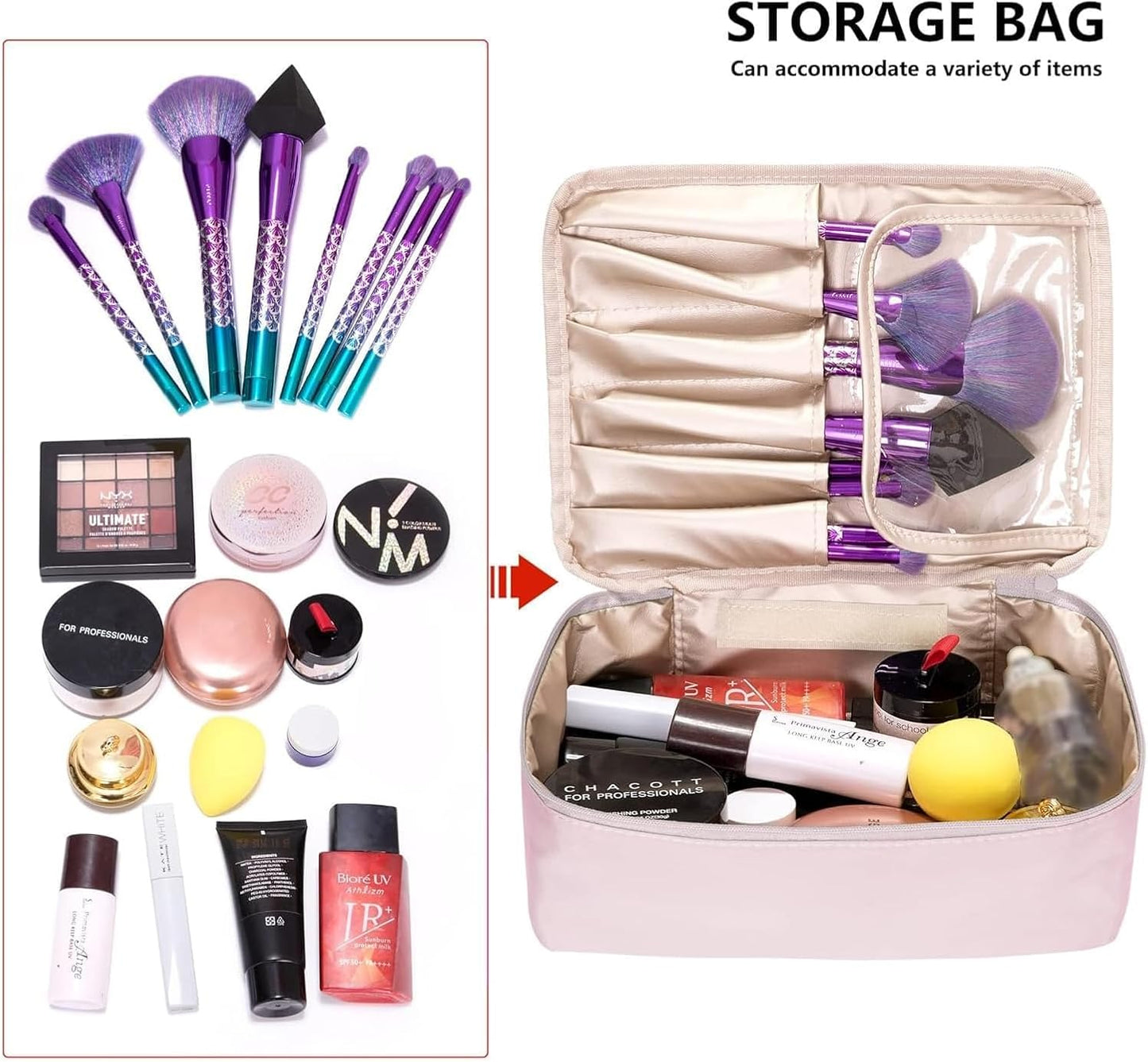 Barabum Travel Makeup Bag Cosmetic Bag Makeup Case Storage Organiser for Women & Girls,Toiletry Bag with Brushes Holder & Detachable Pouch (Blue)