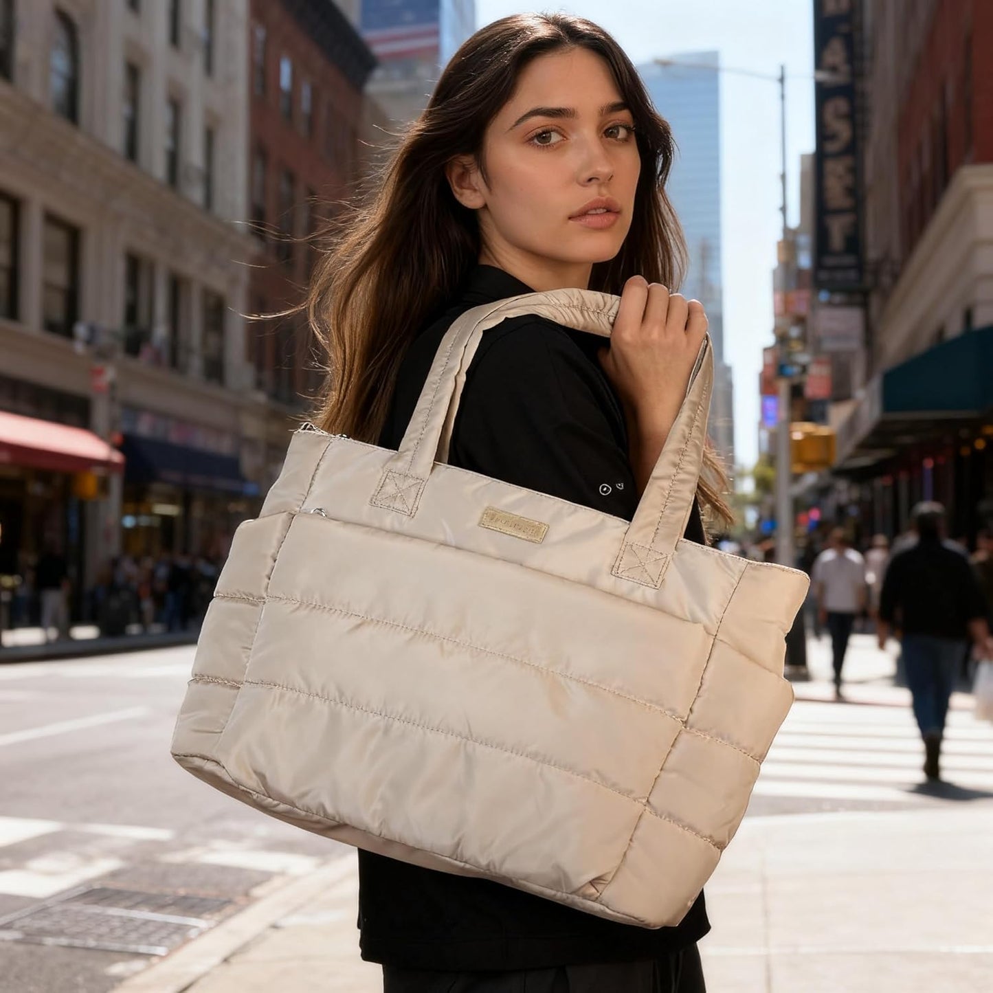 Barabum Tote Bag for Women with Long Strap, Lightweight Puffy Tote Bag with Compartments Quilted Shoulder Bag Handbag