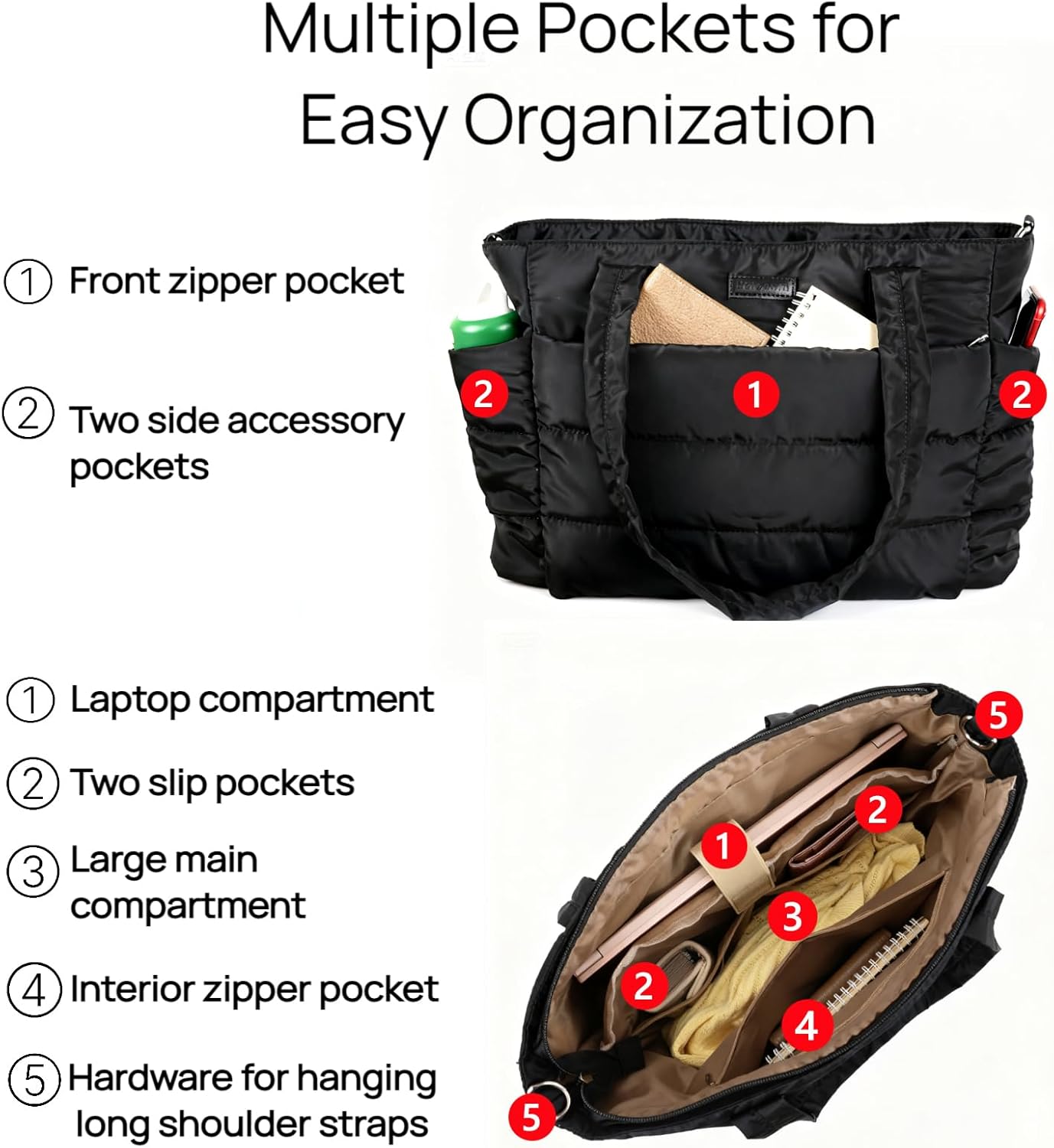 Barabum Tote Bag for Women with Long Strap, Lightweight Puffy Tote Bag with Compartments Quilted Shoulder Bag Handbag