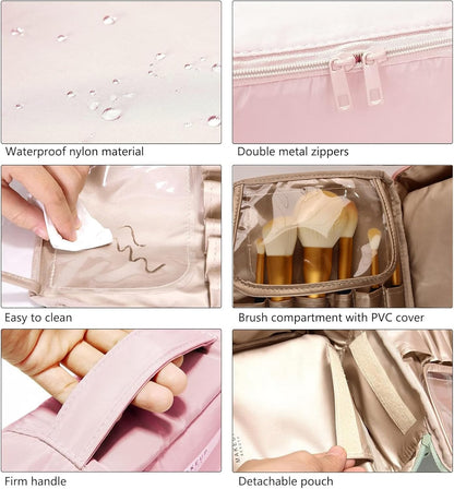 Barabum Travel Makeup Bag Cosmetic Bag Makeup Case Storage Organiser for Women & Girls,Toiletry Bag with Brushes Holder & Detachable Pouch (Blue)