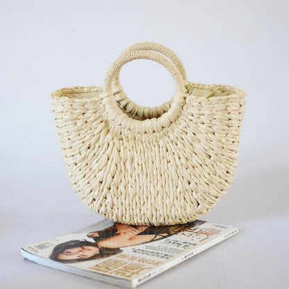 Barabum New Handmade Semicircle Women Handbag Summer Woven Beach Bag Female Bohemia Straw Bag Fashion Knitted Round Handle Vacation Tote