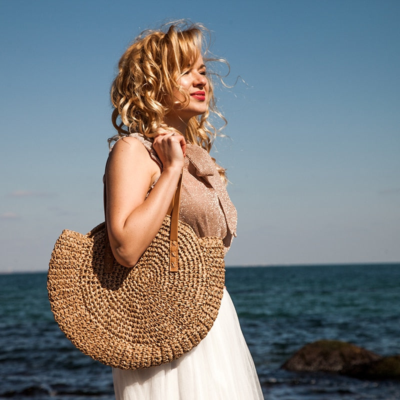 Hand-woven Round Woman's Shoulder Bag Handbag Bohemian Summer Straw Beach Bag Travel Shopping Female Tote Wicker Bags