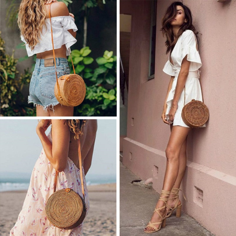 Barabum Round Rattan Summer Straw Crossbody Bag